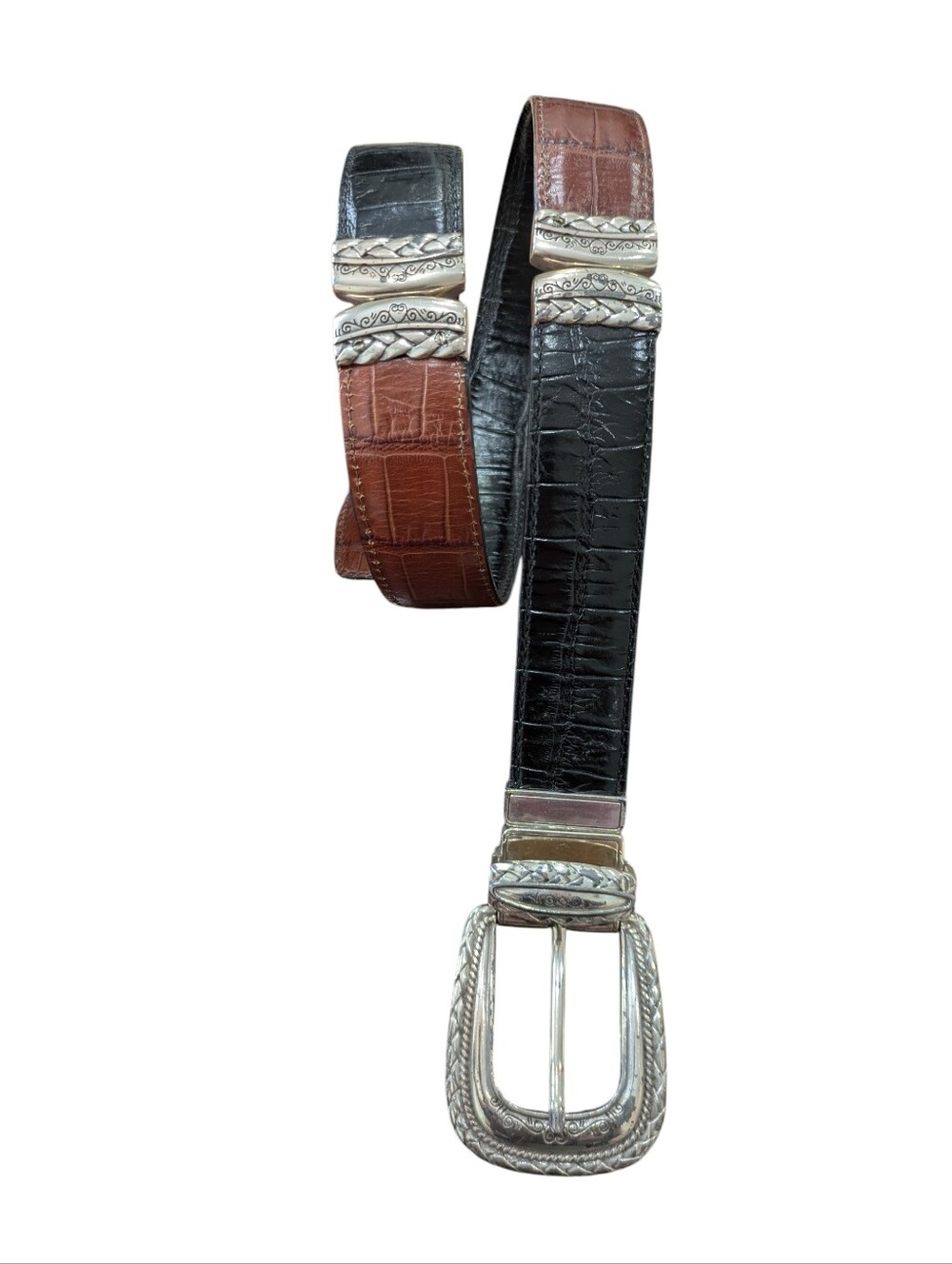 Brighton Reversible Black Brown Leather Croc Embossed Belt Silver Buckle Sz M 30